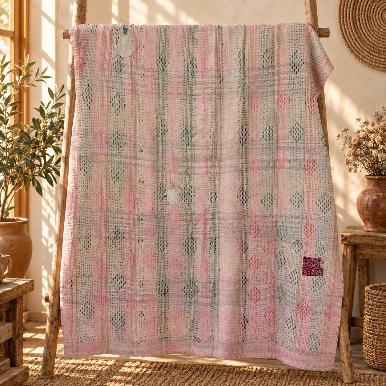 Vintage Teal Blue Kantha Quilt – Hand Stitched Cotton Bedspread Throw 60 x 90 Inches - Image 5