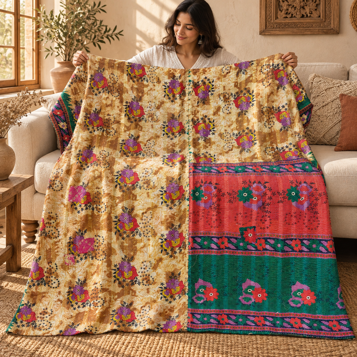 Vintage Beige Red & Green Kantha Quilt 60x90 Inches – Handmade Floral Cotton Bedspread Throw - Image 3