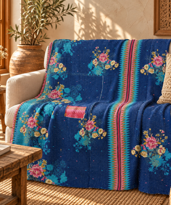Vintage Blue Kantha Quilt – Handmade Floral Recycled Sari Bedspread, Reversible Indian Boho Throw Blanket