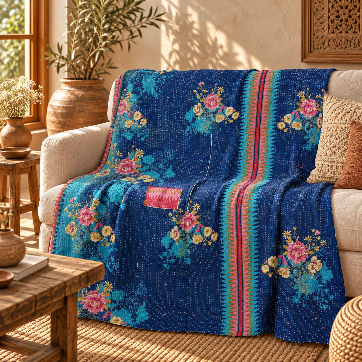 Vintage Blue Kantha Quilt – Handmade Floral Recycled Sari Bedspread, Reversible Indian Boho Throw Blanket