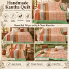 Vintage Kantha Quilt Peach Orange Green Cotton Throw – Handmade Indian Bedspread 60 x 90 Inches - Image 4
