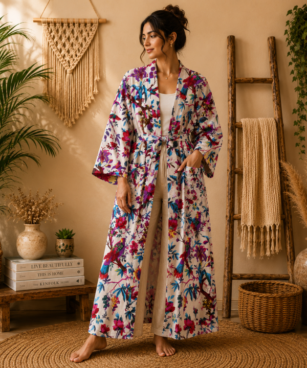 White Pink Floral Bird Print Cotton Long Kimono Robe for Women – Boho Maxi Kimono, Free Size Belted Dressing Gown