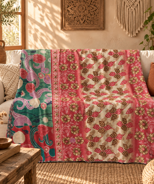 Vintage Handmade Kantha Quilt Pink & Green Floral Recycled Sari Cotton Boho Throw Blanket