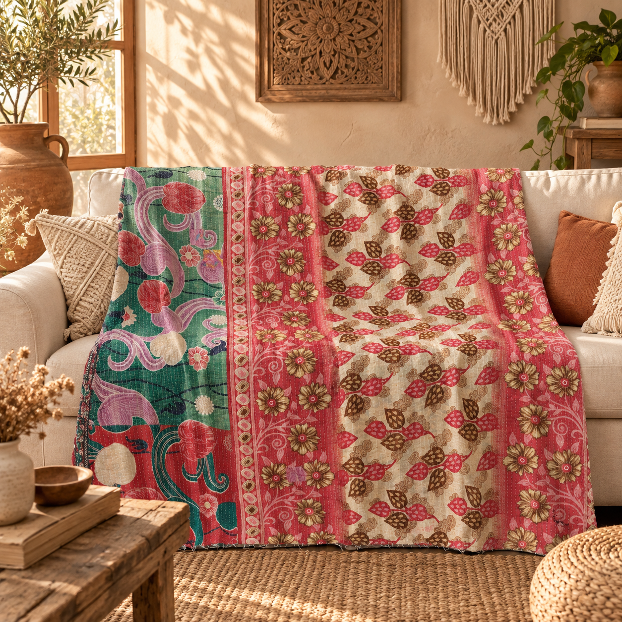 Vintage Handmade Kantha Quilt Pink & Green Floral Recycled Sari Cotton Boho Throw Blanket