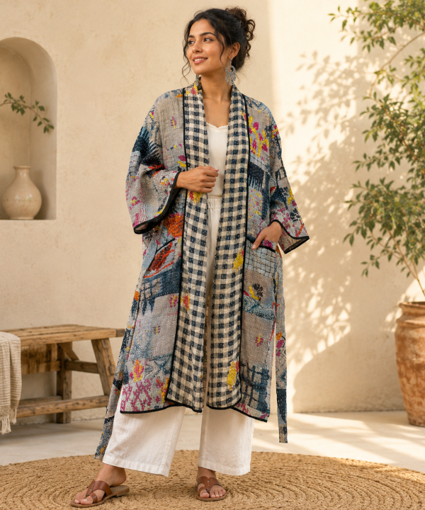 Grey Blue Multicolor Vintage Kantha Long Kimono Robe – Handmade Patchwork Cotton Boho Jacket