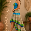 Beige Blue Green Patchwork Maxi Dress – Strapless Smocked Tiered High Low Boho Summer Dress - Image 5