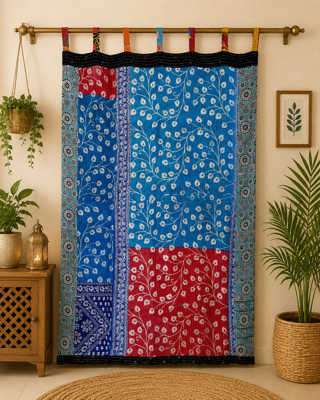 Blue Vintage Kantha Curtain – Handmade Cotton Patchwork Boho Indian Window Door Curtain – 1 Pc - Image 3