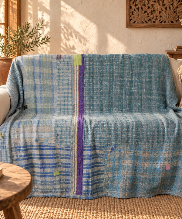Vintage Blue Kantha Quilt – Handmade Cotton Patchwork Bedspread, Boho Throw 60 x 90 Inches