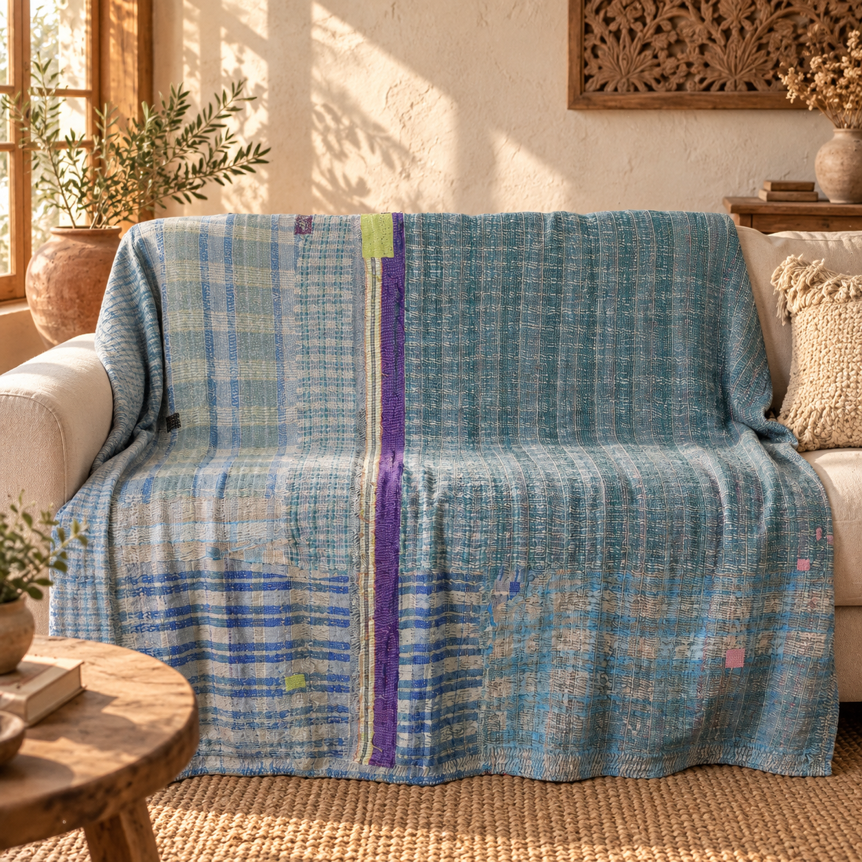 Vintage Blue Kantha Quilt – Handmade Cotton Patchwork Bedspread, Boho Throw 60 x 90 Inches