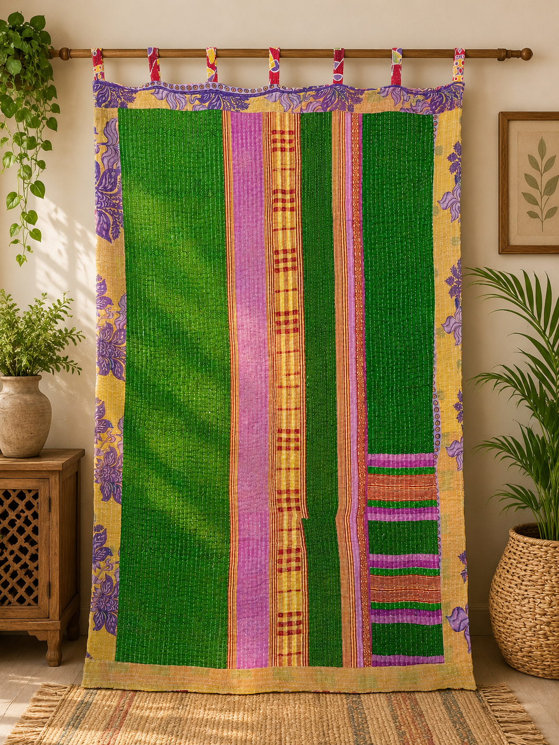 Green Vintage Kantha Curtain – Handmade Cotton Patchwork Boho Indian Window Door Curtain – 1 Pc - Image 4
