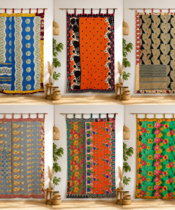 Vintage Kantha Patchwork Curtain 1 Pc – Multicolor Cotton Sari Window Panel Boho Tab Top Curtain