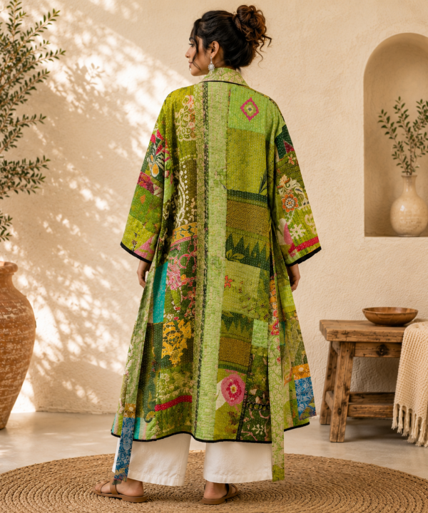 Alternative view of Green Multicolor Vintage Kantha Long Kimono Robe – Handmade Patchwork Cotton Boho Jacket