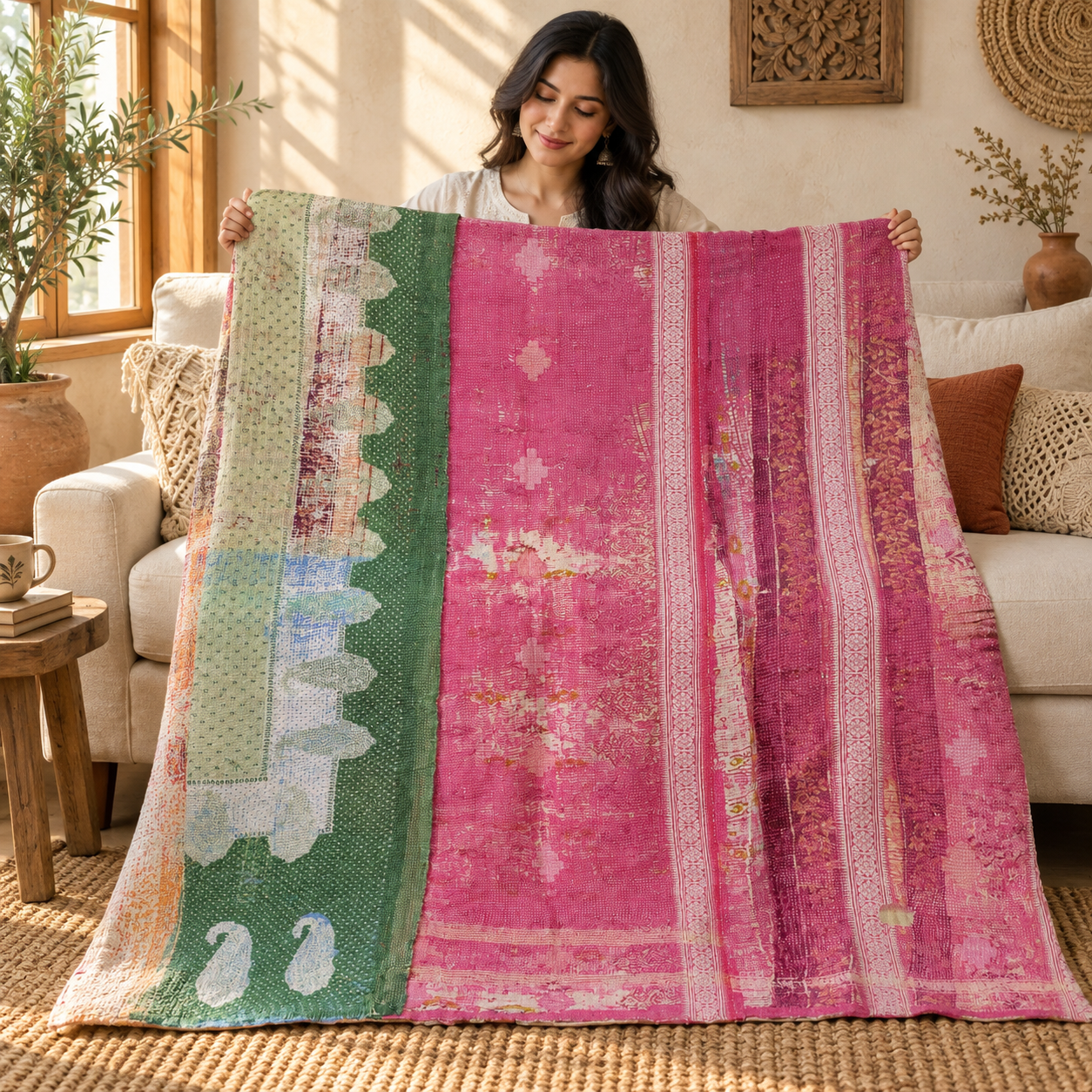 Vintage Pink & Green Kantha Quilt – Hand Stitched Cotton Bedspread 60 x 90 Inches - Image 3