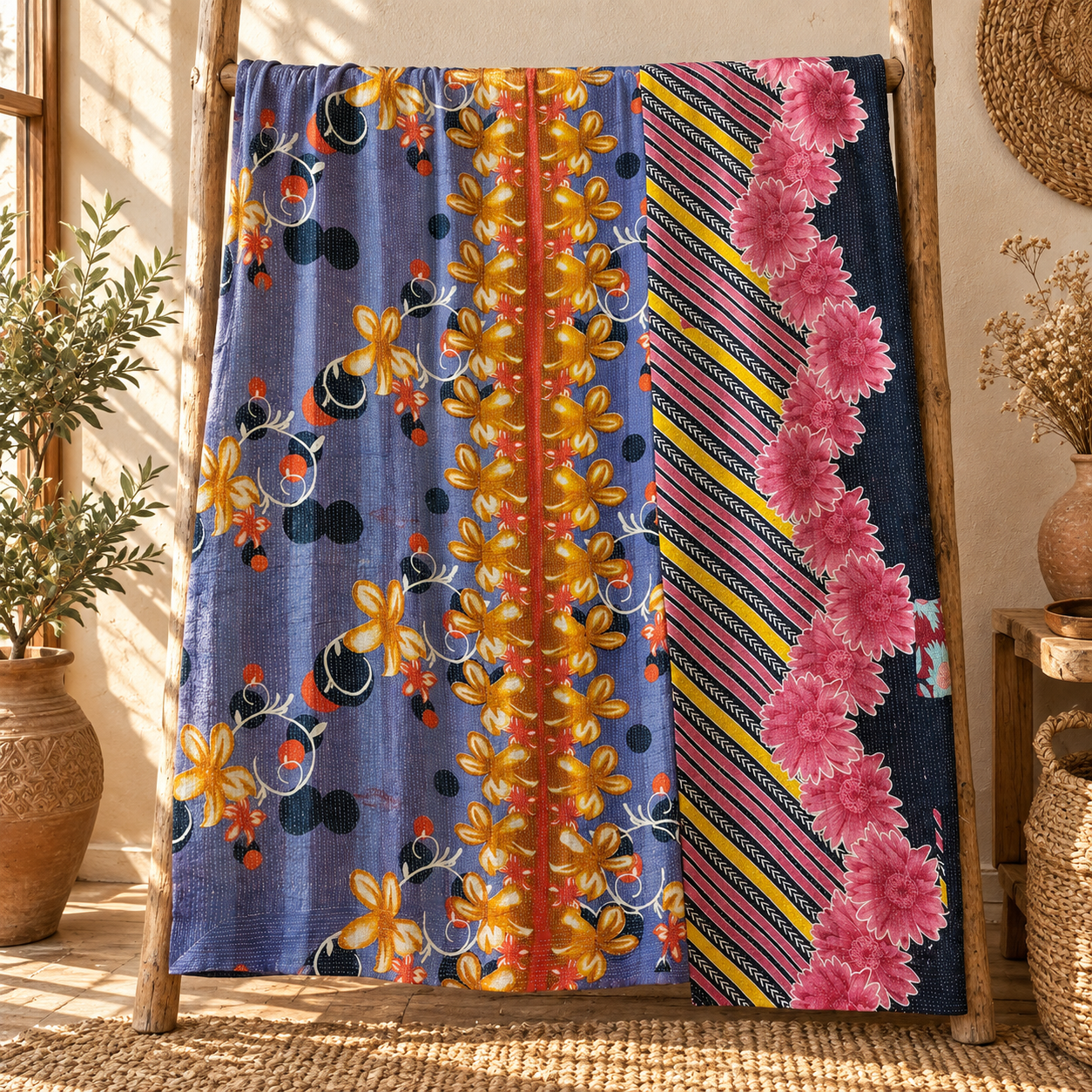 Vintage Navy Blue & Pink Kantha Quilt 60x90 Inches – Handmade Floral Cotton Bedspread Throw - Image 5