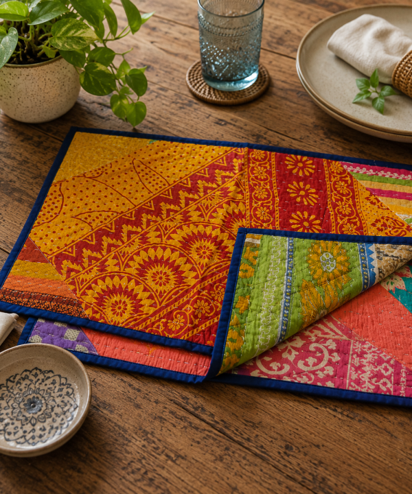 Alternative view of Indian Reversible Kantha Placemat - Set of 2 -Assorted