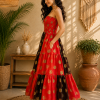 Red Black & Gold Maxi Dress – Strapless Smocked Tiered Boho Polka Dot Summer Dress - Image 3