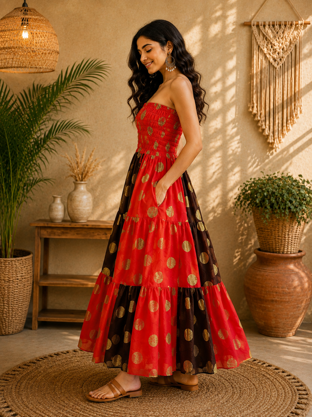 Red Black & Gold Maxi Dress – Strapless Smocked Tiered Boho Polka Dot Summer Dress - Image 3