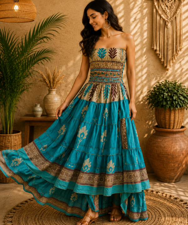 Turquoise Blue & Brown Printed Maxi Dress – Strapless Smocked Tiered Boho Summer Dress