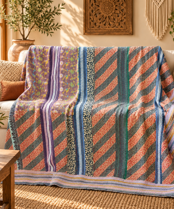 Vintage Kantha Quilt 60 x 90 Inches – Handmade Cotton Bedspread Throw – Multicolor Striped One of a Kind