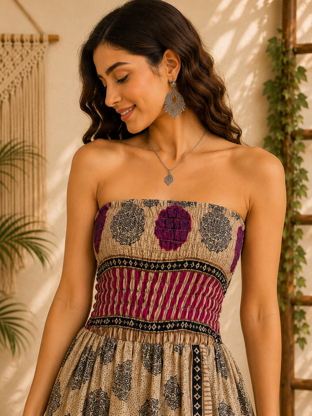 Beige Magenta & Black Patchwork Maxi Dress – Strapless Smocked Tiered Boho Printed Summer Dress - Image 5