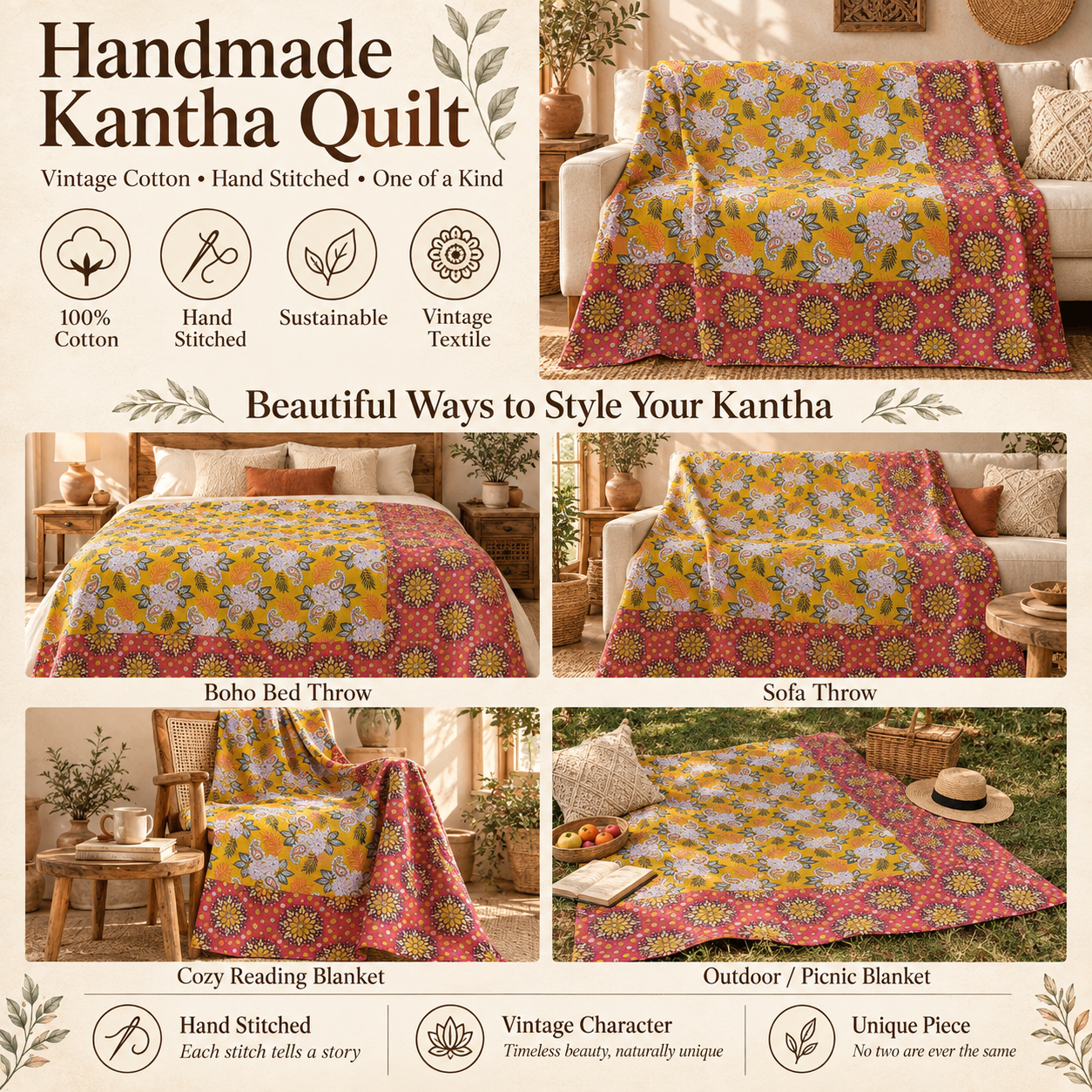 Vintage Mustard Yellow & Red Kantha Quilt 60x90 Inches – Handmade Floral Cotton Bedspread - Image 4