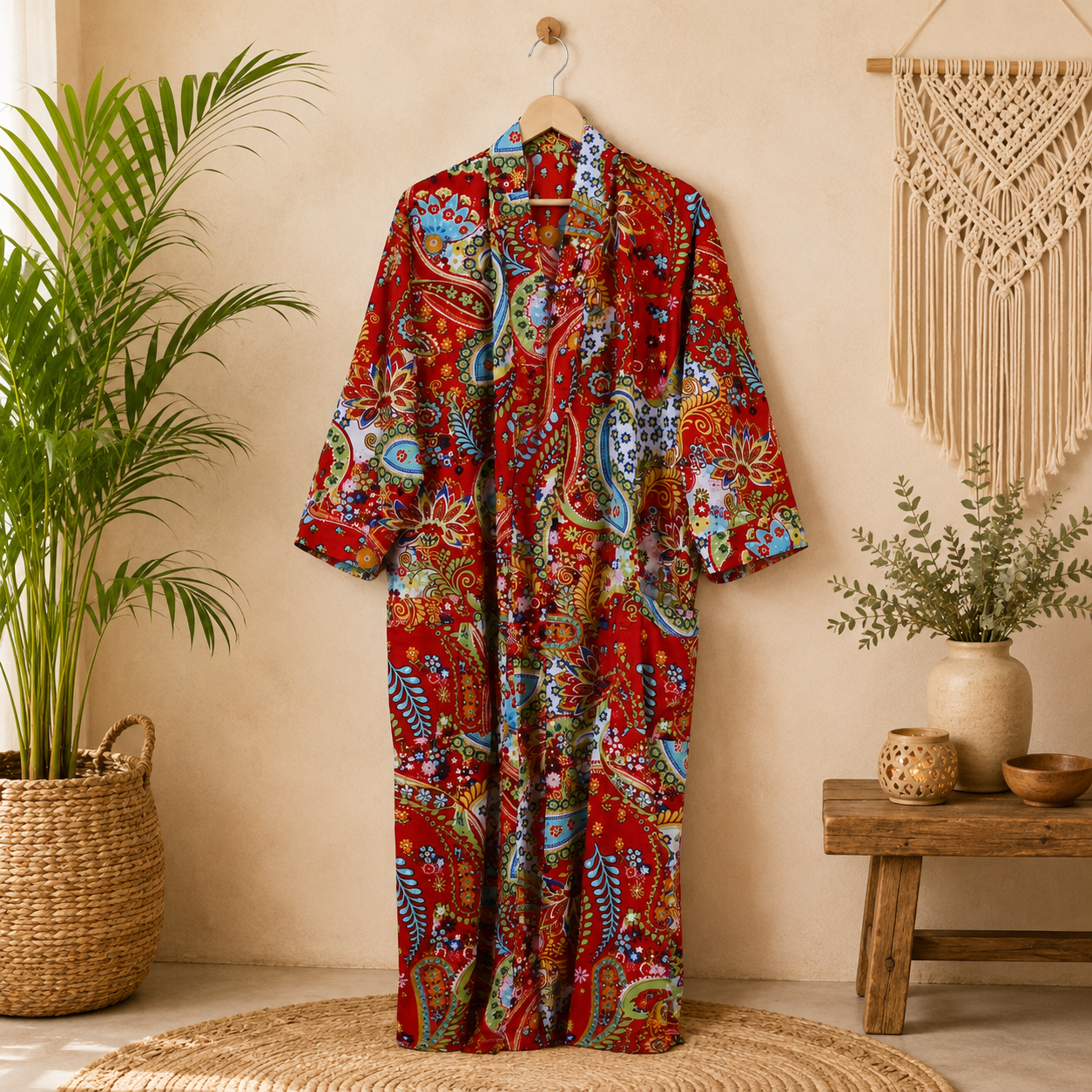 Red Multicolor Floral Paisley Long Kimono Robe – Boho Printed Maxi Kimono Jacket for Women - Image 4