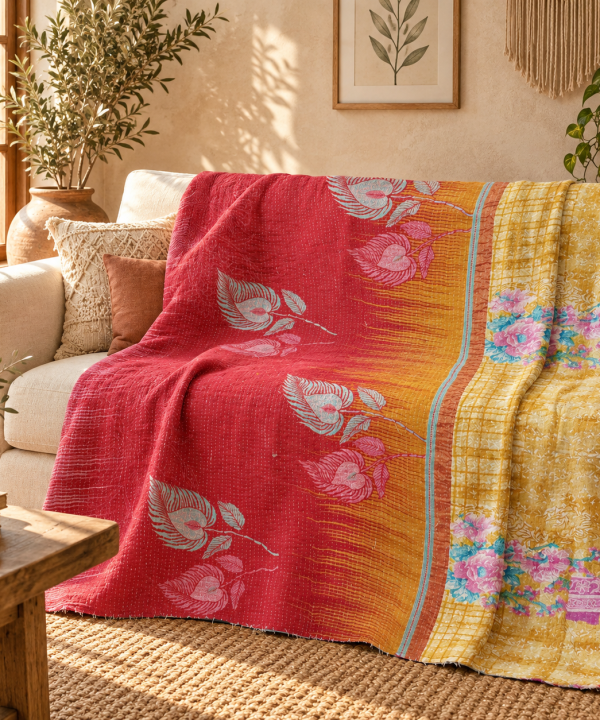 Vintage Handmade Kantha Quilt – Red & Mustard Yellow Floral Recycled Cotton Bedspread, Indian Boho Sofa Throw