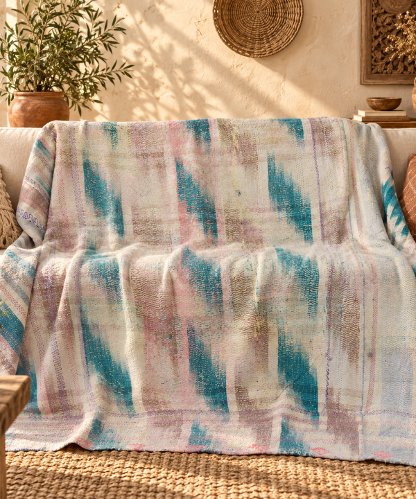 Aqua Blue & Blush Pink Vintage Kantha Quilt 60 x 90 Inches – Handmade Cotton Bedspread – One of a Kind