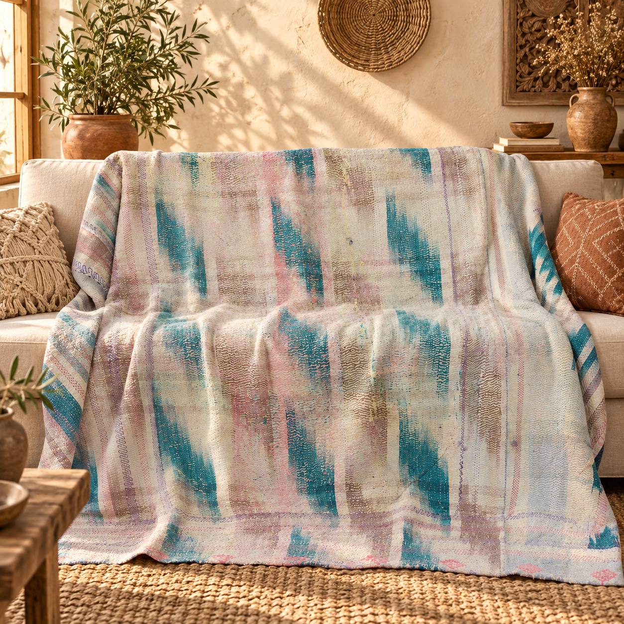 Aqua Blue & Blush Pink Vintage Kantha Quilt 60 x 90 Inches – Handmade Cotton Bedspread – One of a Kind
