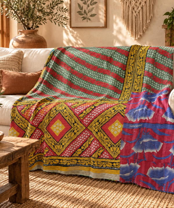Vintage Handmade Kantha Quilt – Green & Red Multicolor Recycled Cotton Bedspread, Indian Boho Sofa Throw Blanket