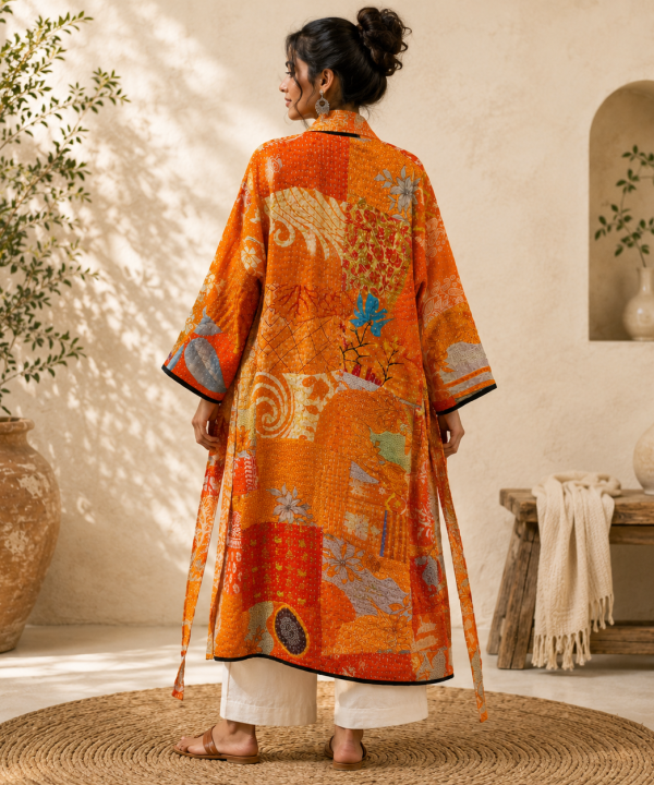 Alternative view of Orange Multicolor Vintage Kantha Long Kimono Robe – Handmade Patchwork Cotton Boho Jacket