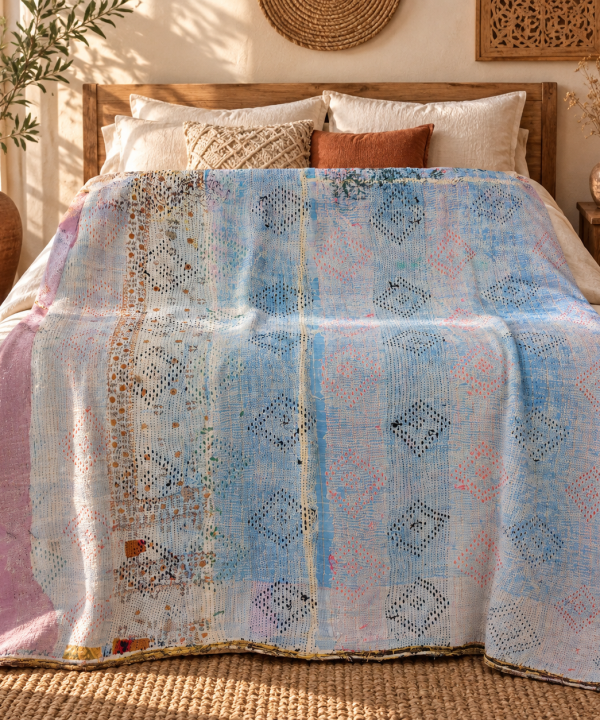 Alternative view of Powder Blue & Pink Vintage Kantha Quilt 60 x 90 Inches – Handmade Cotton Bedspread – One of a Kind