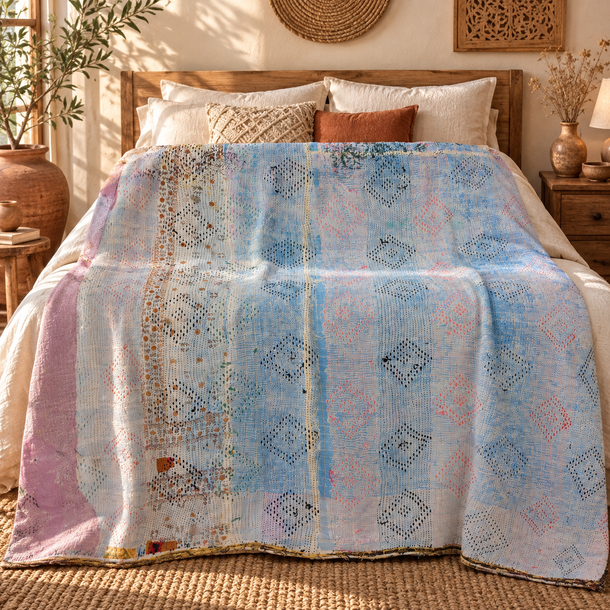Powder Blue & Pink Vintage Kantha Quilt 60 x 90 Inches – Handmade Cotton Bedspread – One of a Kind - Image 2