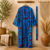 Royal Blue Floral Print Long Kimono Robe for Women – Boho Bird Print Maxi Dressing Gown, Belted Free Size Kimono - Image 3