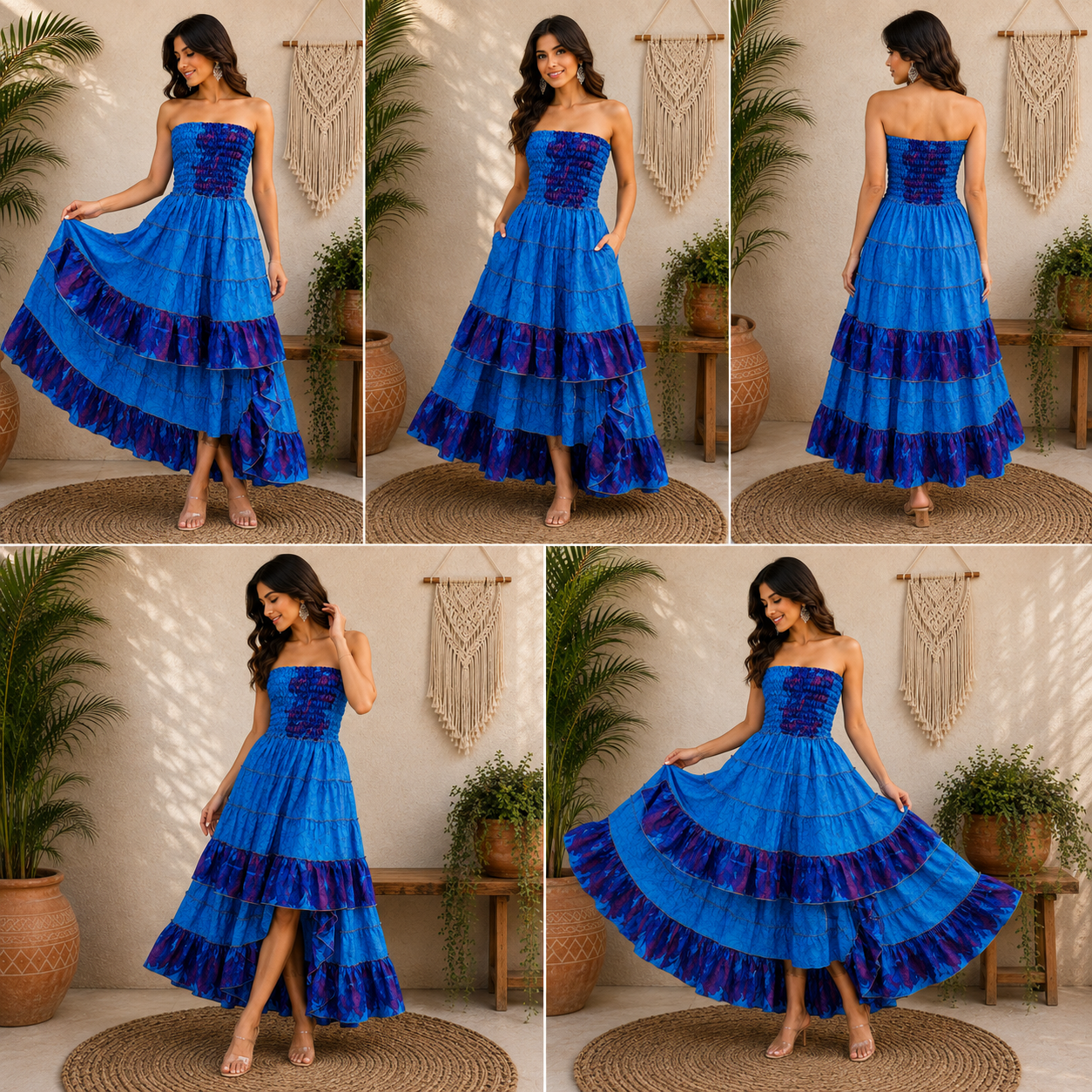 Royal Blue & Purple Maxi Dress – Strapless Smocked Tiered High Low Boho Summer Dress - Image 6