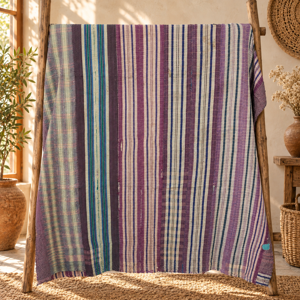 Vintage Kantha Quilt 60x90 Inches – Purple Blue Green Striped Handmade Cotton Bedspread Throw - Image 5