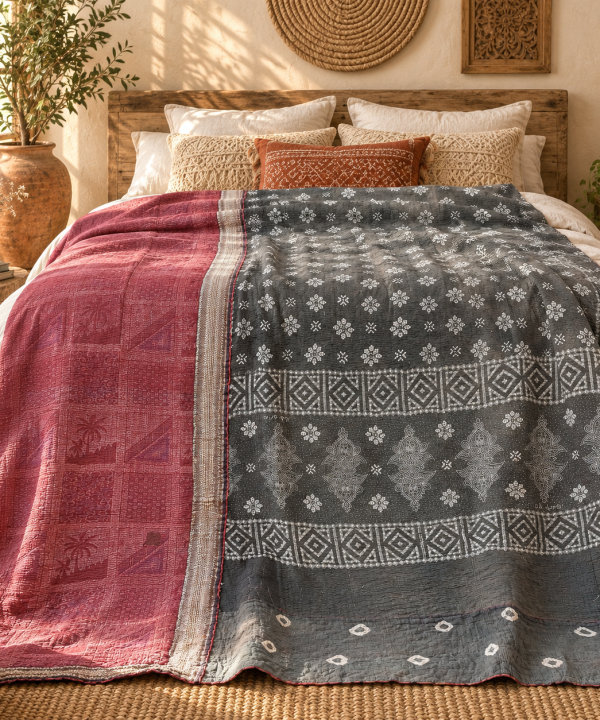 Alternative view of Charcoal Grey & Dusty Rose Vintage Kantha Quilt 60 x 90 Inches – Handmade Cotton Bedspread – One of a Kind