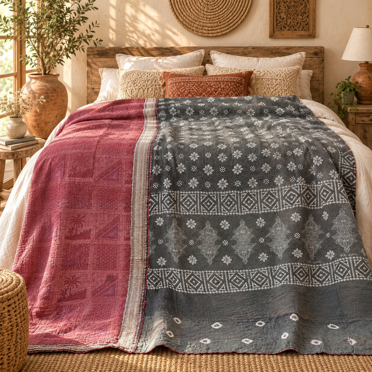 Charcoal Grey & Dusty Rose Vintage Kantha Quilt 60 x 90 Inches – Handmade Cotton Bedspread – One of a Kind - Image 2