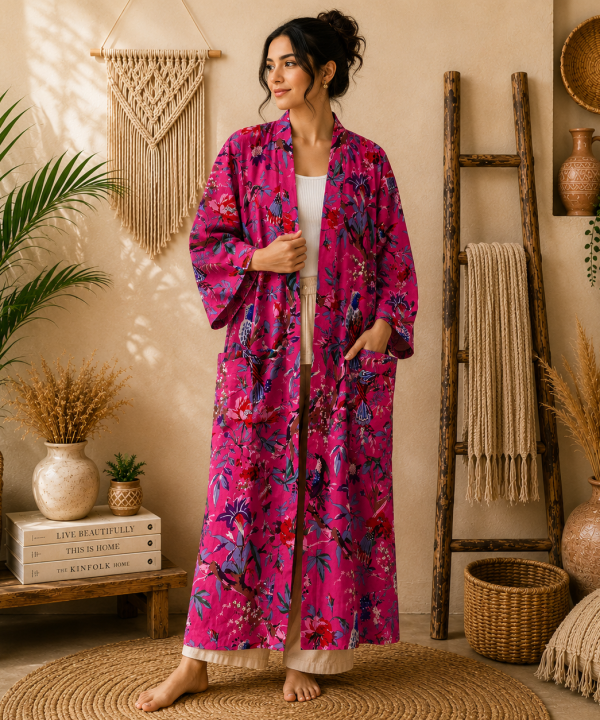 Hot Pink Floral Bird Print Cotton Long Kimono Robe for Women – Boho Maxi Kimono Jacket, Free Size with Pockets