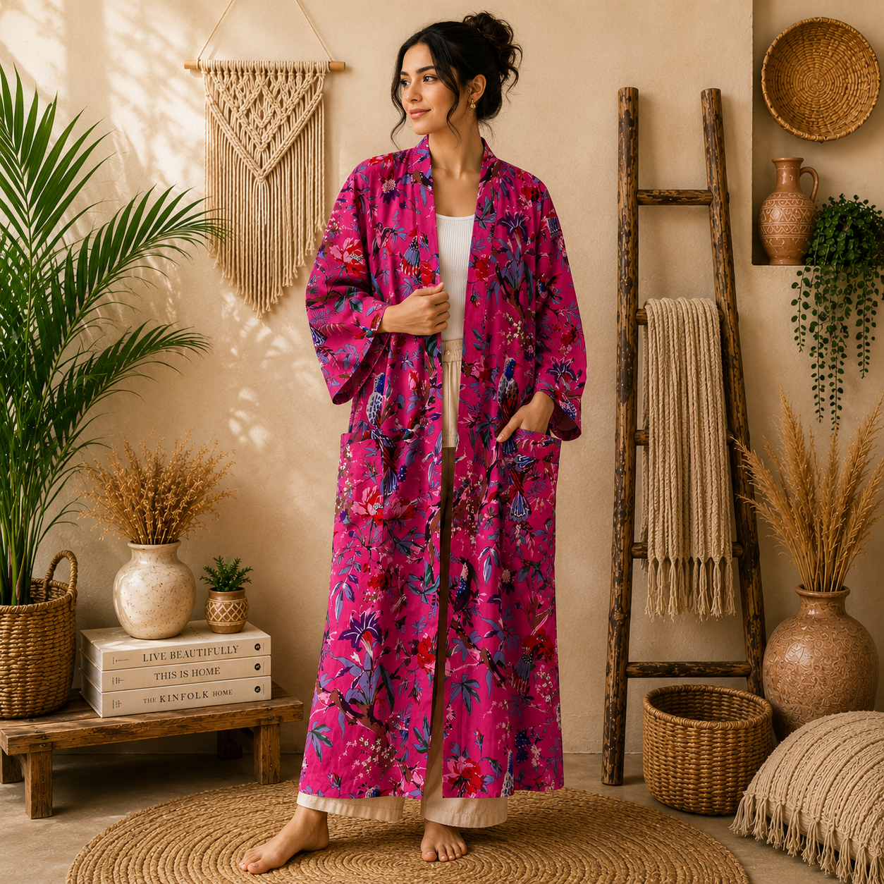 Hot Pink Floral Bird Print Cotton Long Kimono Robe for Women – Boho Maxi Kimono Jacket, Free Size with Pockets