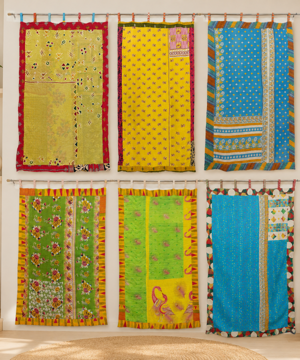Multicolor Vintage Kantha Curtain – Handmade Recycled Cotton Patchwork Boho Window Door Curtain – 1 Pc