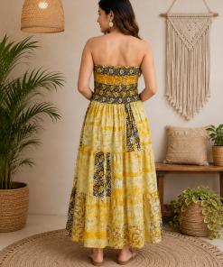 Alternative view of Yellow Black & Cream Patchwork Maxi Dress – Strapless Smocked Boho Printed Summer Dress