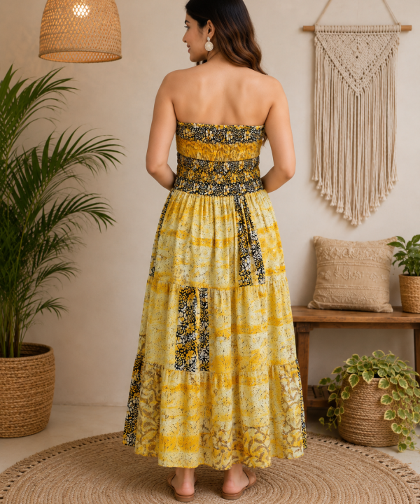 Alternative view of Yellow Black & Cream Patchwork Maxi Dress – Strapless Smocked Boho Printed Summer Dress