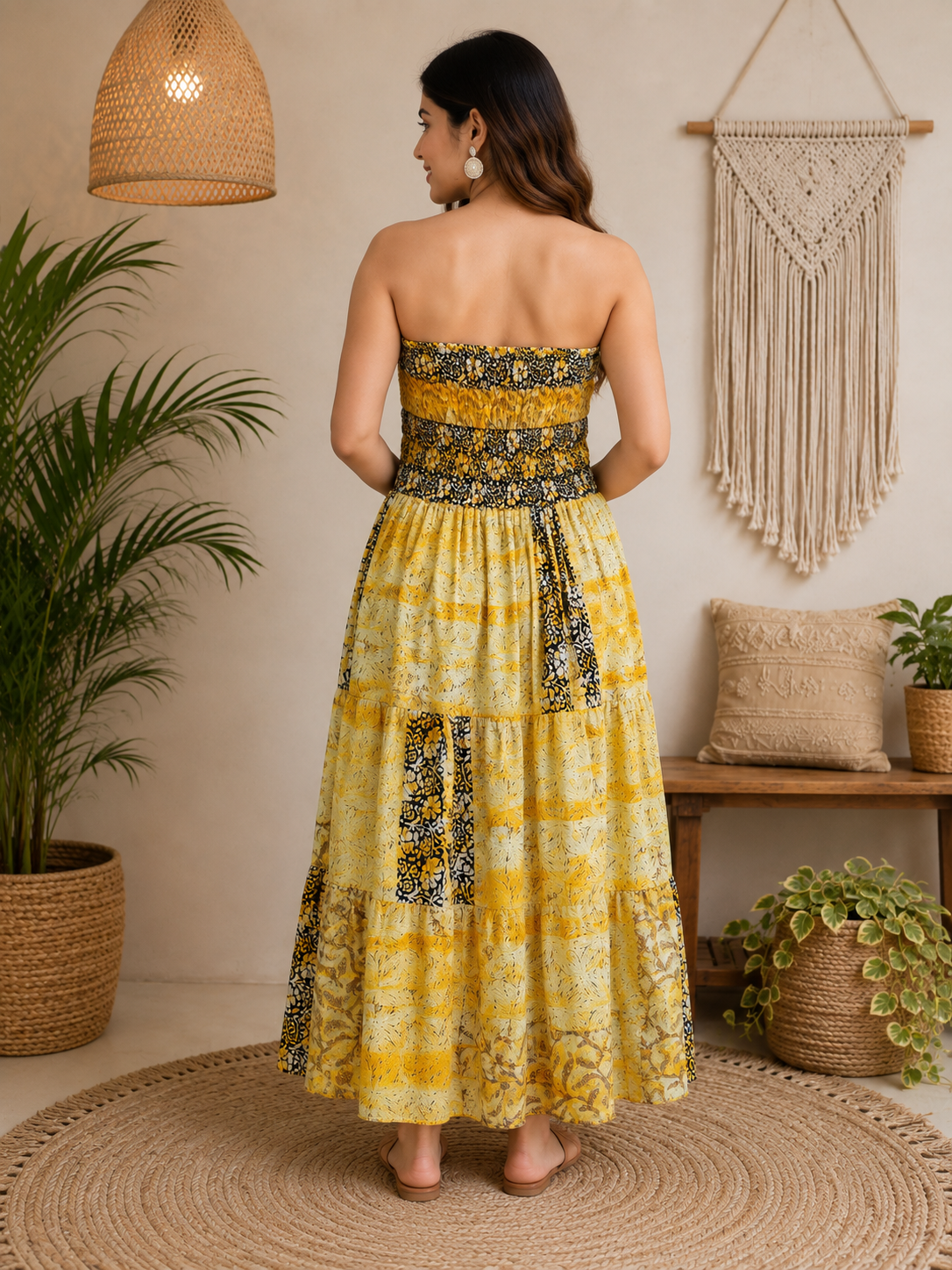 Yellow Black & Cream Patchwork Maxi Dress – Strapless Smocked Boho Printed Summer Dress - Image 2