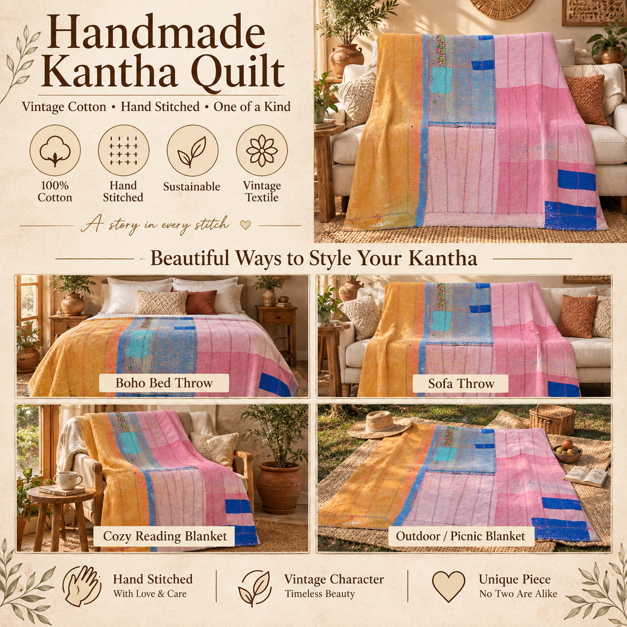 Pink & Mustard Yellow Vintage Kantha Quilt 60 x 90 Inches – Handmade Cotton Patchwork Bedspread - Image 4