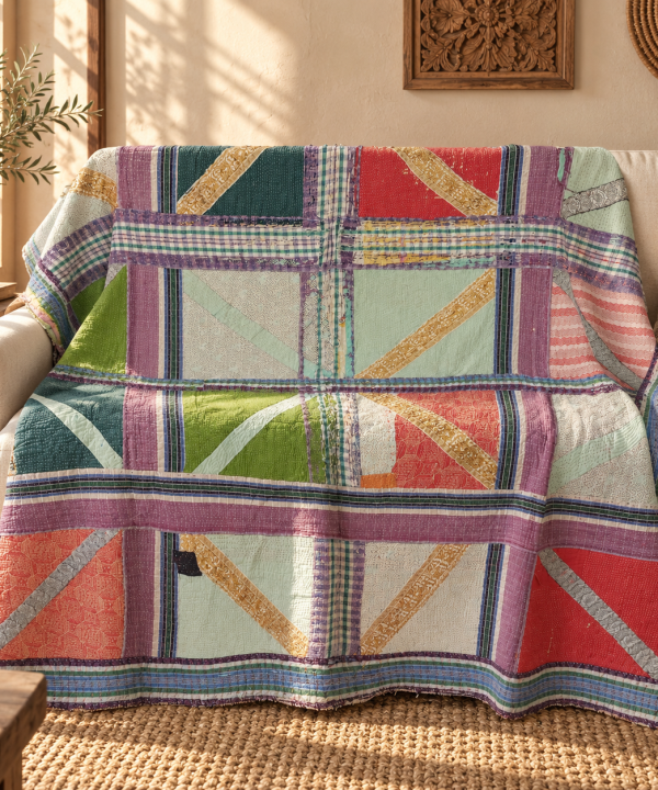 Vintage Kantha Quilt 60x90 Inches – Multicolor Geometric Hand Stitched Cotton Bedspread