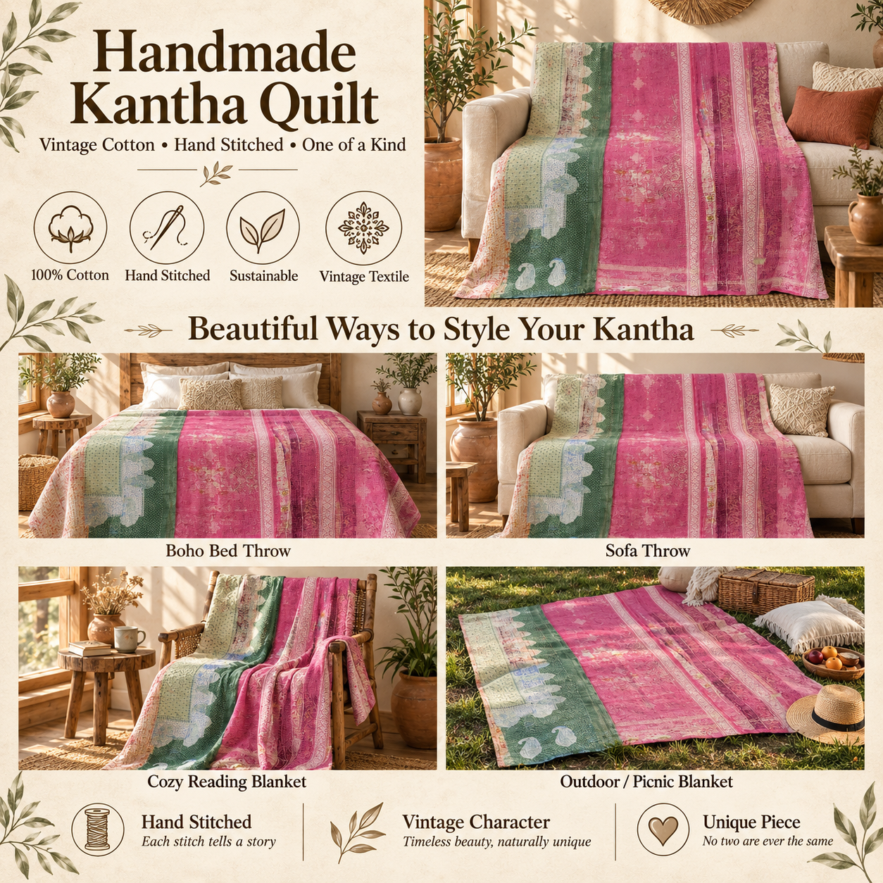 Vintage Pink & Green Kantha Quilt – Hand Stitched Cotton Bedspread 60 x 90 Inches - Image 4