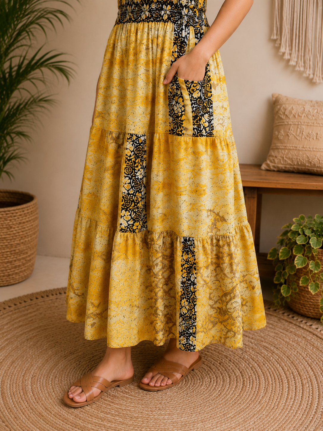 Yellow Black & Cream Patchwork Maxi Dress – Strapless Smocked Boho Printed Summer Dress - Image 6