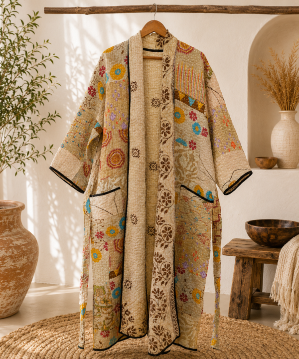 Alternative view of Beige Cream Multicolor Vintage Kantha Long Kimono Robe – Handmade Patchwork Cotton Boho Jacket