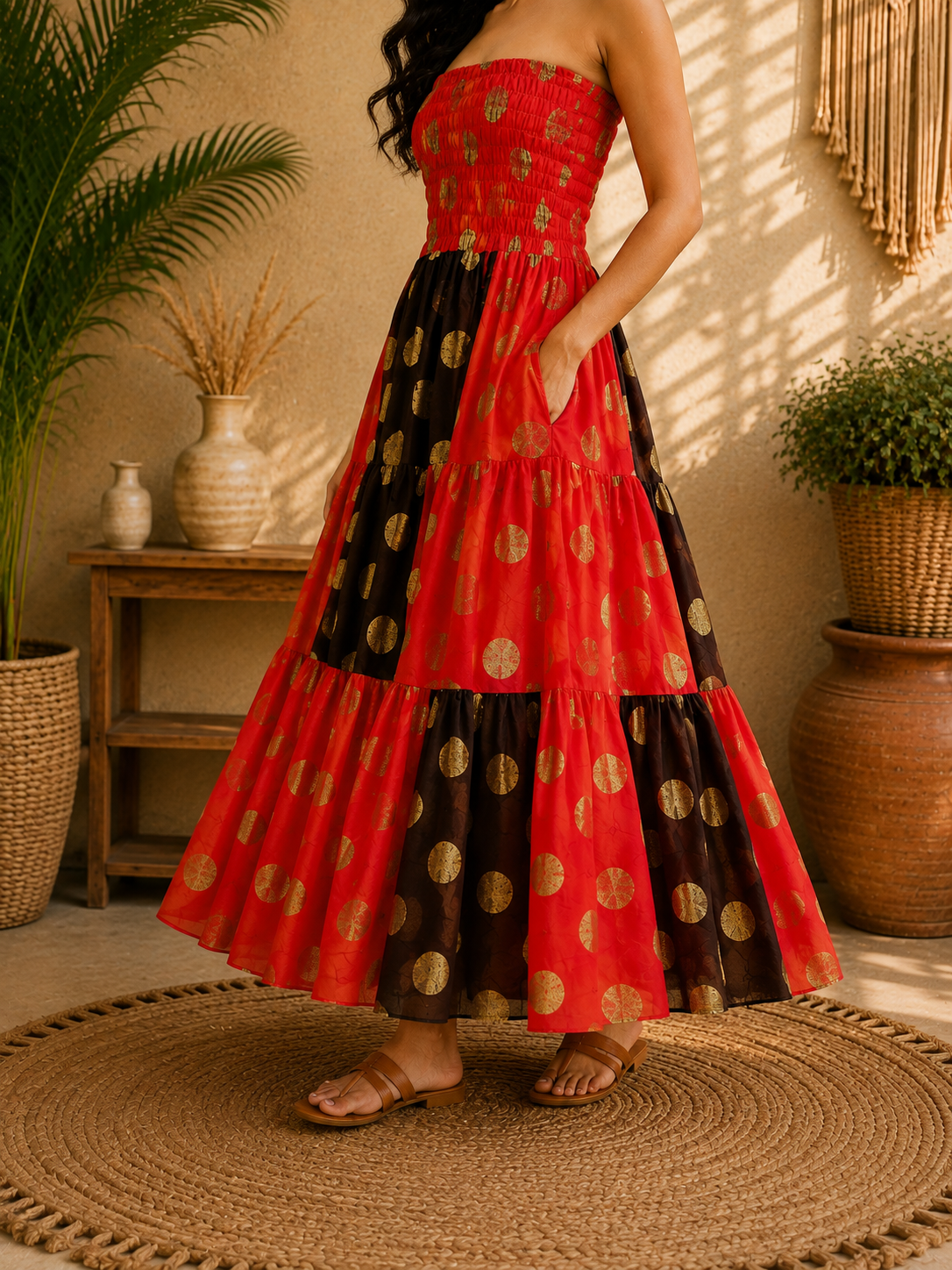 Red Black & Gold Maxi Dress – Strapless Smocked Tiered Boho Polka Dot Summer Dress - Image 5